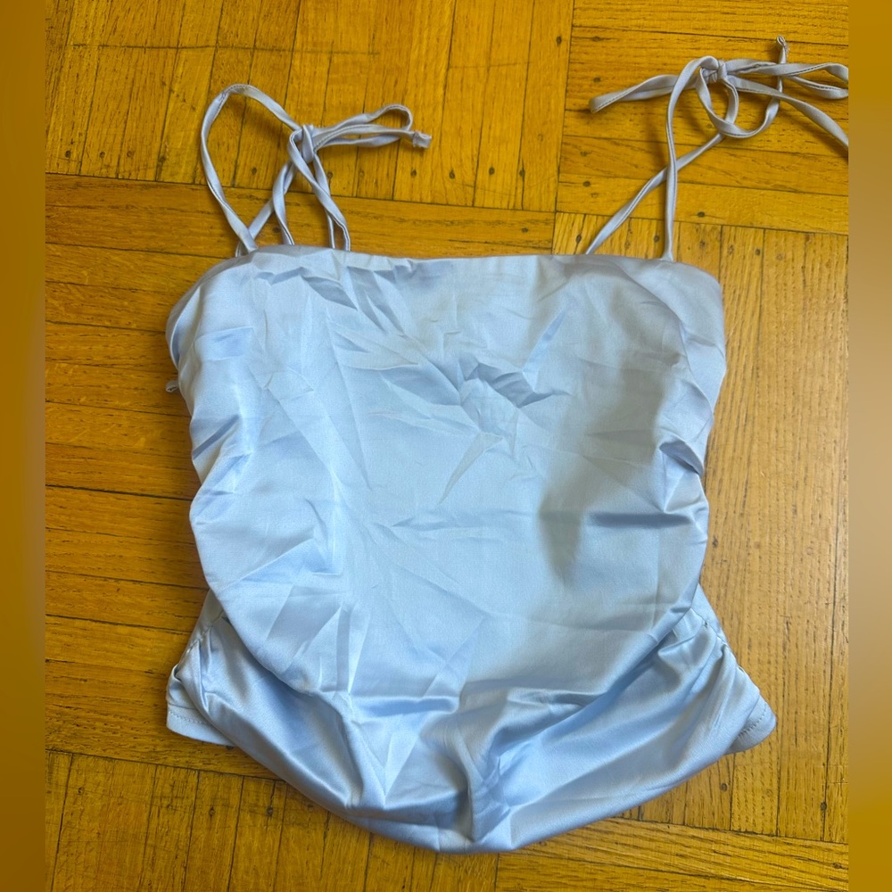 NWOT Satin blue shoulder tie top